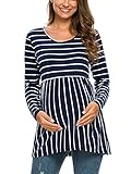Love2Mi Damen Langarm Schwanger Oberteile Umstandsshirt Rundhals Tops Schwangerschafts Umstandstop, Dunkelblaue Weiße Streifen, L