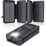 Solar PowerBank 26800mAh, Solar Ladegerät mit 4 Solarpanels, Taschenlampe, Zwei 5V 2.1A USB-Ports Externer Akku Kompatibel Für Smartphones, Tablets Outdoor Camping Ladegerät Black