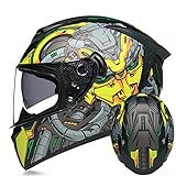 DOPORA Motorrad Integralhelm,Motorrad Moped Street Bike Racing Dual Sport Moto Helm mit Doppelvisier DOT & ECE 22.05 Zugelassene Herren und Damen Motorradhelme,Gelb,XL