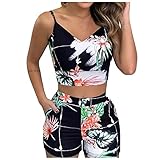 QSSS Camisole und Hot Pants Damen Retro Style Print Bekleidungssets Sexy Oberteil Crop Tops mit Hotpants Shorts Sommer Mode 2 Stücke Streetwear Oberteile Legere H