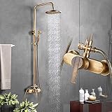 HWLY Duscharmatur, Vintage-Design, Messing, inkl. Regenduschkopf, Duschhahn und Badewanne, Ausführung in antikem Messing