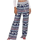 VESNIBA Damen Weihnachtsdruck Yoga Hose Breites Bein Kordelzug Lose Gerade Lounge Laufen Workout Modale Hose Aktive Freizeit Jogginghose Straight Bein Schlaghose（Blau_a120,L）