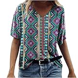 Tshirt Damen Oberteile Vintage Kurzarm Shirt Sommer Sport Sweatshirt Oversized Tunika Tops Locker V-Ausschnitt Bluse Sportshirt Jumper Geometrischer Druck Blusenshirt Kuschelig