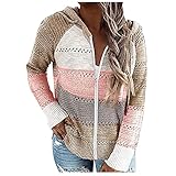 Eaylis Damen Mode Stricken Hoodie Pullover Zipper Kapuzenpullover Lange Ärmel mit V-Ausschnitt Pullover Patchwork Strickpullover Strickpuli Sweatshirt Cardigan Mit Kap