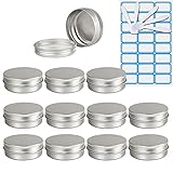 ZEOABSY 10 Stück Leere 60 ml Rund Silber Aluminium Tins mit Schraub-Deckel Schraubdose Cremedose Alu-Tiegel Dosen Aludose Blechdosen für Kosmetik Kerze Salben 5X Spatel, 1x Etik