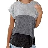 NPRODLO Damen Shirts für Sommer Frauen Rundhals Farbblock Slim Fit T-Shirts Tunika Tops Oberteile Blusen Damen Casual Mode Klassisch Kompfort Baumwolle Leinen Patchwork Basic Sweatshirt Hemdb
