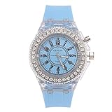 Sonew Frauen Quarz Uhr Kinder LED Rücklicht Runde Armbanduhr Silikon Bügel Rhinestone Entwurfs Mode Armbanduhr(Light Blue)