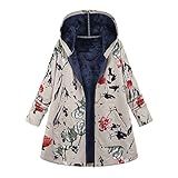 shesuseke Vintage Winterjacke Damen Blumendrucke Kapuzenjacke,Pelzig Herbstmantel,Plüschfutter,Fleece-Mantel,Strickjacke mit Kapuze,Zipper Slim Casual Winterjacken Oberbekleidung