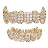 Hip Hop Zähne Set - vergoldete Grills Zähne Grills für Männer Frauen Iced Out Hip Hop Diamond Top & Bottom Face Grills für Zähne Rapper Kostüm Cosplay(Silber)