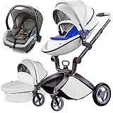Hot Mom Klassik 2 in 1 Kinderwagen - Kombikinderwagen 3 in 1 Riesenset komplett set, Alu-Rahmen/Voll-Gummireifen/Regenschutz/Mosquitonetz Modell F22 (white-3in1) 2022 Sty