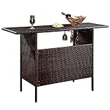 GIANTEX Rattan Theke Stehtisch, Bartisch Rattantisch mit 2 Regalablagen, Küchentisch Küchentresen mit Weinglashalter, Gartentisch Gartentheke Eisenrahmen, Beistelltisch für Garten Terrasse B