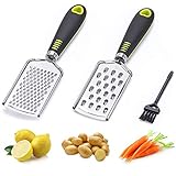 Bligo 2 Stück Zester Set - 2 Reibe Raspel aus Edelstahl mit 1 Reinigungsbürste, Feine Parmesanreibe & Grob Käsereibe, für Parmesan, Zitronen, Ingwer und Knoblauch, Schw