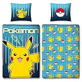 Familando Pokemon Bettwäsche-Set 135x200 cm + Kissen 80x80 cm · Pokémon Pikachu · Kinder-Bettwäsche 100% Baumwolle Linon · mit Reiß