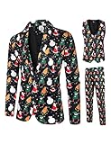 WXDSNH Weihnachten 3 Teiliger Anzug Druck Rückenschlitz Flacher Kragen Weste Hosen Casual Schwarz Slim Fit Weihnachtsmann Blazer Herren S