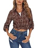 Enjoyoself Damen Kariertes Hemd 100% Baumwolle Langarm Holzfällerhemd Button-down Karobluse für Alltag Oktoberfest Dunkelbraun,L