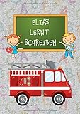 ELIAS LERNT SCHREIBEN: Schreiblernheft A4 für Erstklässler und Schreibanfänger zum Schreiben lernen und üben. Feuerwehr-Motiv. Dreifach-Lineatur mit Haus | 1