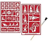 2 wiederverwendbare Glasätzschablonen von Armour Etch Over N Over | Zwerg- und Urlaubs-Themen-Schablone | Schneeflocke, Rentier, Zuckerstange, Lebkuchmann, Noel, Peace, Joy | Set ink