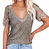 DOMBX Damen Geblümt Aushöhlen Spitzenbesatz Rückenfrei Kurzarm Crop Tops tiefer V-Ausschnitt Schlanke Passform Einfarbig Sexy Bluse Oberteile Frauen Lässig Baumwolle Bequem Klassisch T-Shirt H