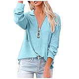 Damen Henley Shirt Langarmshirts ReißVerschluss V-Ausschnitt Langarm Pullover Revers Sweatshirt KnöPfe Langarm Bluse Gestrickt Einfarbig Sexy Tops Oberteile B