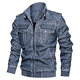 LSSM Herbst Retro-Motorrad-Pu-Lederjacke Lose Multi-Pocket-Herren-Lederjacke Jacke üBergangsjacke Stehkragen Fliegerjacke Mit Innentasche Jacke Crew Wasserdichte Softshell Jacke Blau Xx