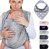 Babytragetuch aus 100% Baumwolle - Hellgrau mit Sternen – hochwertiges Baby-Tragetuch für Neugeborene und Babys bis 15 kg – inkl. Baby-L