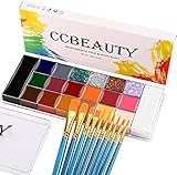 CCbeauty Professionelles Gesichtsbemalungs-Set, 20 Farben (16 normale, 2 metallische und 2 leuchtende Farben), SFX Cosplay, große schwarz-weiße Gesichtsbemalungspalette mit 10 b