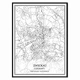 Zwickau Deutschland Karte Wandkunst Leinwand drucken Poster Artwork ungerahmt moderne Schwarz-Weiß-Karte Souvenir Geschenk Home D