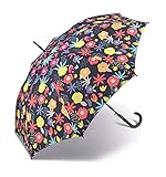 United Colors of Benetton Damen-Regenschirm, lang, automatisch, 8 Stangen, Durchmesser: 105 cm, exklusives tropisches Blumen-Design, Nachtblau (Schwarz Blumen)