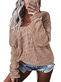 YOINS Oversize Pullover Damen Strickpullover Damen Sexy Off Shoulder Langarmshirt Schulterfrei V-Ausschnitt Causal T-Shirt C-Hellbraun XXL