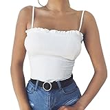 LuckyGirls Damen Tank Top Rüschen Weste Schulterfrei Kurz Top Halter ärmellose Shirt Camisole (Weiß, EU-36/CN-S)