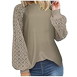 LOPILY Damen Spitze hohl Langarmshirt Große Größe Lose Sweatshirt Pullover Solide Mode Rundhals Langarm Oberteile Pulli Herbst Winter Freizeit Streetwear Shirts Tops (Coffee, XL)