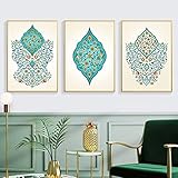Leinwand Drucke Malerei Verzierten Arabesque Türkis Floral Poster Wand Kunst Bilder Wohnzimmer Schlafzimmer büro Home Dekor-40x60cmx3 Innerer R