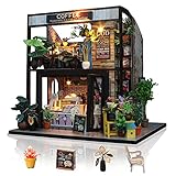 Cuteefun DIY Miniatur Puppenhaus Café Kit zum BAU Miniatur Caffeehaus mit Musik Staubdichten Möbeln und Werkzeugen Selber Bauen Kreative Bastelgeschenkidee (Coffee Shop)