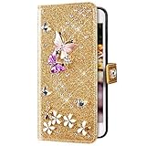 Uposao Kompatibel mit Samsung Galaxy S5 Hülle Schmetterling Blume Diamant Strass Bling Glitzer Handy Hülle Leder Wallet Schutzhülle Brieftasche Hülle Klapphülle Tasche Kartenfächer,G