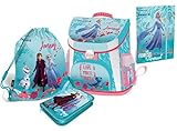 Disney Eiskönigin Frozen Schulranzen Mädchen 1 Klasse Tornister Schulrucksack Schultasche Set 5 teilig für Grundschule | inkl. Federmäppchen Sportbeutel A4 Box und Frozen Stick