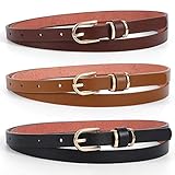 WERFORU 3 Stück Skinny PU Ledergürtel für Damen Einfarbiger, modischer, dünner Taillengürtel mit goldener Schnalle für Jeanshosen,Anzug für Hosengröße 26-30 Zoll,Schwarz + Braun +