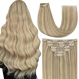 YoungSee Clip in Extensions Echthaar Blond Remy Menschliches Haar Voller Kopf Clip Extensions Echthaar Glatt Dunkel Aschblond mit Goldblond Strähnchen Extensions Echthaar Clip in 7pcs 70g 30