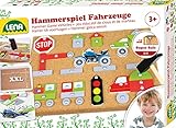 Lena 65826 Hammerspiel Fahrzeuge, Nagelspiel mit 64 farbigen Teilen in verschiedenen Formen, Grundplatte aus Kork, ca. 28 x 19,5 x 1,4 cm, Hammer und Nägel, Hämmerchenspiel für Kinder ab 3 Jahre, B