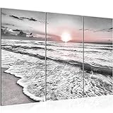 Runa Art Sonnenuntergang Strand Bild Wandbilder Wohnzimmer XXL Grau Rosa Landschaft 120 x 80 cm 3 Teilig Wanddeko 023731b