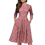 Chollius Damen Vintage Kleid 3/4 Arm Blumendruck Hohe Taille Slim Fit Plissee Retro Elegant Kleid A-Linie Party Prom Cocktail Midikleid, rose, M