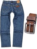 Wrangler Texas Stretch Herren Jeans Regular Fit inkl. Gürtel (W36/L34, Stonewash + brauner Gürtel)