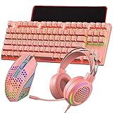 PLXX Tastatur Maus Set, Gaming-Tastatur- Und Maus- Und Mauspad- Und Gaming-Headset, Kabelgebundene Led-RGB-hintergrundbeleuchtung Für Pc-Gamer Und Xbox- Und Ps4-benutzer 4 In 1 Edition(Color:Rosa)