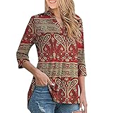 MQYXGS Damen Frühlings- und Herbsthemden Damen Print V-Ausschnitt Bluse Tunika Lady T-Shirt Top Damen 3/4 Ärmel Lose Print Bluse Langarm Casual T-Shirts Freizeit Retro Slim Fit Regular Fit Sw