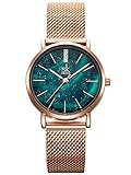 Alienwork Armbanduhr Damen Rose-Gold Metall Mesh Armband Edelstahl grün Ultra-flach Eleg