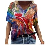 Vintage Drcuken Damen Oberteile Sommer Kurzarm Blusen T-Shirt V-Ausschnitte Loose Oversize Shirt Retro Blumen Drucken Frauen Bluse Tops Casual Bedruckt Asymmetrisch Oberteile Top Mode Tunika Top