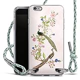 DeinDesign Carry Case kompatibel mit Apple iPhone 6 Plus Hülle mit Band Handykette zum Umhängen hellgrün Pfau Blumen pink