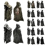 BAODANA Vintage Kapuzenjacke Herren Halloween Kostüm Assassin's Creed Renaissance Mittelalter Männer Leicht Cardigan Jacke Cosplay Mantel Kordelzug Hoodie Retro Umhang Karneval Party Kleidung