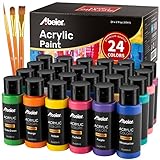 Abeier Acrylfarben Set mit 24 Farben, 60 ml Flaschen +3 Pinseln, ungiftig, kein Verblassen, reiche Pigmente für Kinder, Erwachsene, Künstler, Leinwand, Basteln, Holzmalerei, Stoff, Keramik