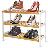 Chesnia Schuhregal aus Bambus, Schuhregal mit 3 Ebenen, Schuhregal aus Holz und Metall, SchuhständerBietet Platz Für 12 Paar Schuhe, Schuhschrank Regal für Küche Badezimmer, 70,5 L x 26 B x 55 H