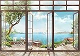 wandmotiv24 Fototapete Große Fenster Ausblick auf Wasser, XL 350 x 245 cm - 7 Teile, Fototapeten, Wandbild, Motivtapeten, Vlies-Tapeten, Landschaft Natur M6133